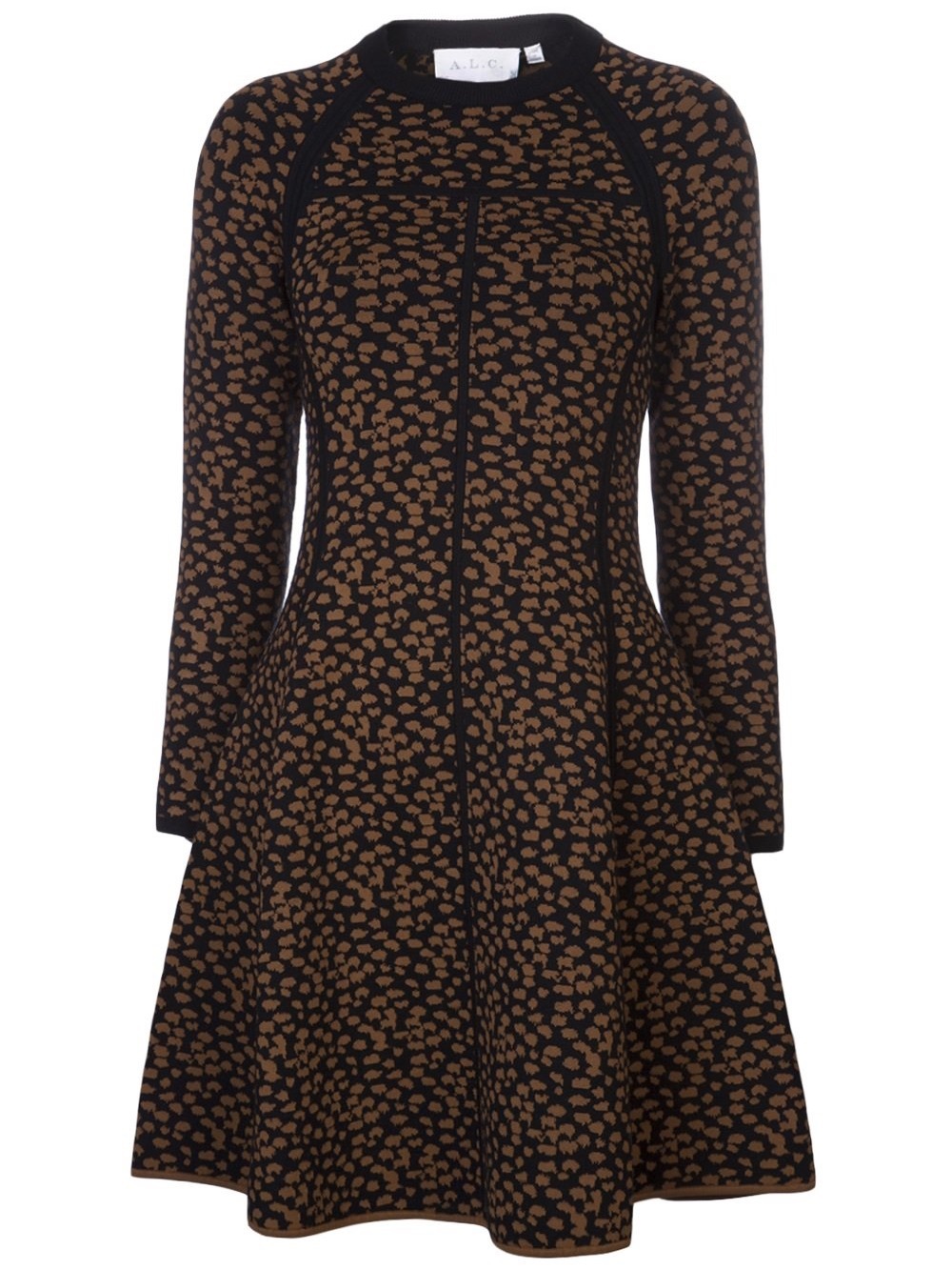 A.L.C. Black & Brown Abstract Long-Sleeve Fall Fit-and-Flare Sweater Dress Small